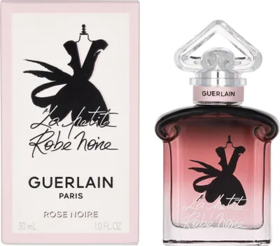 A box and bottle of Guerlain La Petite Robe Noire Rose Noire EDP.