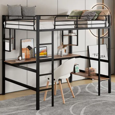Image de Lit mezzanine en métal 90 x 200 cm avec bureau et étagère, lit en fer robuste pour enfants et adolescents avec barrière de sécurité et échelle, noir