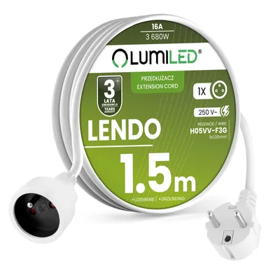 Zdjęcie produktu dla LUMILED wytrzymały i elastyczny przedłużacz 1.5 m kabel zasilający H05VV-F 3G 1.0mm² 16A gniazdo pojedyncze typ E PVC do użytku wewnętrznego biały IP20