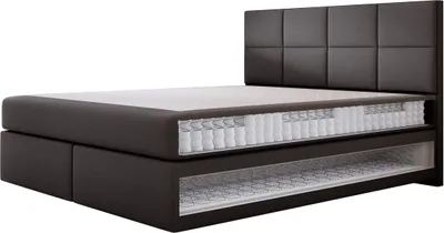 A cutaway view of a mattress on a dark gray bed frame.