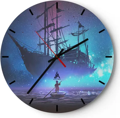 Produktbild von Wanduhr - Rund - Glasuhr - Märchen Segelschiff - 40x40cm - Schleichendes Uhrwerk - Lautlos - zum Aufhängen bereit - Dekoration Modern - Wanddekoration aus Glas - C3AR40x40-4034