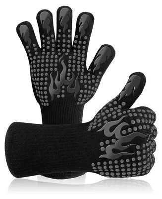 A pair of black grill gloves with gray flame and dot patterns.