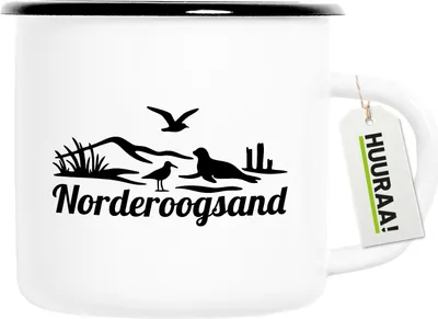 Produktbild von Huuraa Emaille Tasse Norderoogsand Strandmotiv 300ml Vintage Campingbecher Geschenkidee