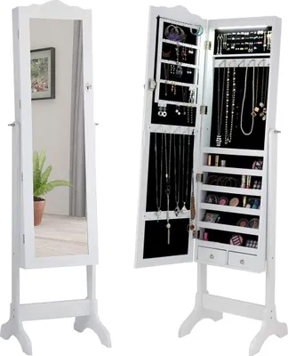 Produktbild von Schmuckschrank mit 14 LED Leuchten, abschließbares Schmuckregal mit Ganzkörperspiegel, freistehender Spiegelschrank mit verstellbarem Neigungswinkel, großer Stauraum (Weiß)