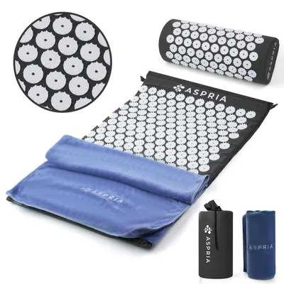 Image de Kit d'acupression Aspria noir, tapis et coussin d'acupression pour la relaxation, tapis d'acupression noir + serviette extra-épaisse + sac de rangement