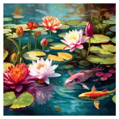 Produktbild von Acrylbild 100 x 100 cm: Seerosen und Koi-Karpfen im Teich. Vektorillustration.