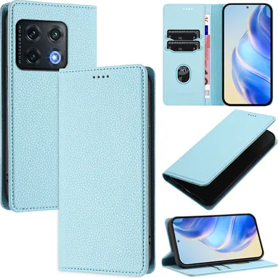 Produktbild von Litchi Leder Handyhülle für OnePlus 10 Pro Wallet Kartenfächer Standfunktion Hülle Hellblau