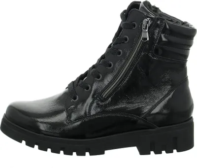 A black patent leather boot with laces and a zipper.