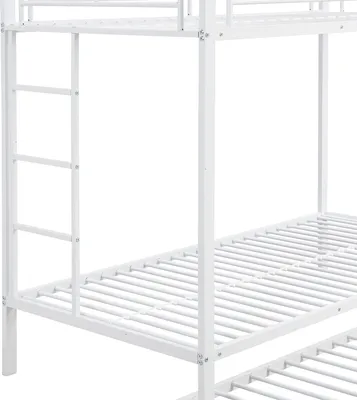 A close-up view of a white metal bunk bed frame, showing the ladder and the slatted bed bases.