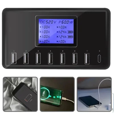 Produktbild von USB Ladegerät, USB Ladestation, 60W 12A 8 Ports Ladestation für Mehrere Geräte, mit LCD Display, USB C Hub für iPhone iPad Android Samsung Huawei