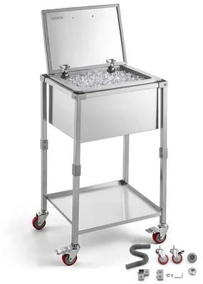 Produktbild von VEVOR 56,4 L Edelstahl-Kühlwagen mit Klappdeckel und Rollen für Getränke, Stehend, Getränkewagen mit Ablage, Getränkekühler auf Rollen, 558 x 455 x 1003 mm, für Terrasse, Gartenpartys und Bars