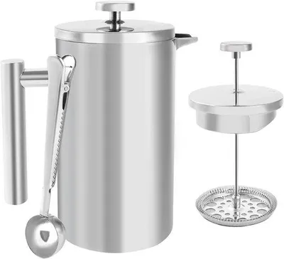 Obrázek produktu pro Kávová konvice French Press 1 litr z nerezové oceli | 1000 ml kávová konvice s trojitým filtrem | Dvouplášťová izolovaná konvice na kávu s lžičkou