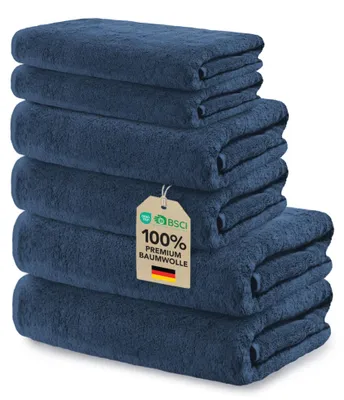 Produktbild von Ôhm Handtuchset 6-teilig – 100% Baumwolle 500 g/m², Dunkelblau – Badezimmer Set mit je 2 Handtüchern in 70x140, 50x100 & 30x50 cm – extra weich & saugstark –