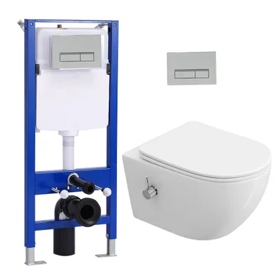 Zdjęcie produktu dla Zestaw podtynkowy WC + bezramkowy prysznic wiszący WC ciepła/zimna woda + spłuczka podtynkowa 114 cm z prostokątnym chromowanym przyciskiem HOROW