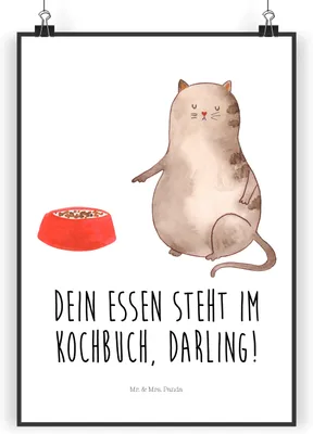 Produktbild von Mr. & Mrs. Panda Bild Katze Fressen DIN A4 - Weiß - Geschenk, Wandbild, Posterdruck, drucke, wanddeko, Plakat