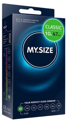 Obrázok produktu pre MY.SIZE Classic kondómy veľkosť 1 | šírka 47 mm | štandardné balenie 10 kusov | prémiové extra tenké | prirodzený pocit, jemné ako dych | hrúbka steny 0,07 mm