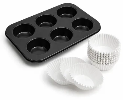 Produktbild von 6-Tassen-Muffinform Mit 400 Stück Weißen Papierauskleidungen, Antihaft-Kohlenstoffstahl-Cupcake-Backblech, Backformen-Set Für Cupcakes(Schwarz)