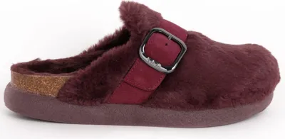 Produktbild von Damen Scholl Ivy Big Buckle Leder Flip-Flops mit Fell bordeauxfarben 38