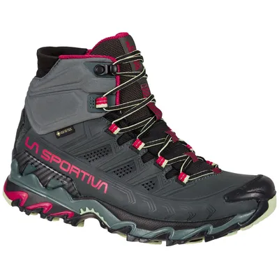 Damen Wanderschuhe "Ultra Raptor II Mid Leather Woman GTX" von La Sportiva in Grau mit pinken Akzenten und Schnürung.