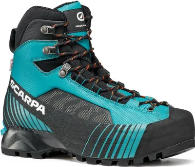 Ribelle Lite HD Wmn Bergschuhe von Scarpa in Türkis und Schwarz mit orangefarbenen Schnürsenkeln.