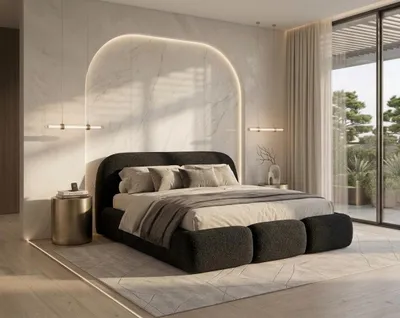 Produktbild von Polsterbett mit Bettkasten RIMINI / Lambi 12 Schwarz / Schlaffläche 180 cm x 200 cm / Metallrahmen / Bett mit gepolstertem Kopfteil/ Bouclé, KI-generiertes Bild