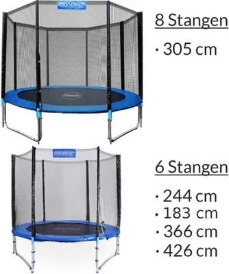 Two trampolines of different sizes are shown side-by-side with their specifications.