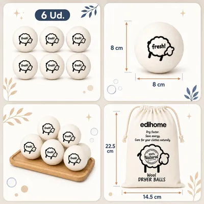 Imagen del producto de Bolas de secado de lana, 6 unidades, 100% naturales, para la ropa