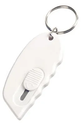 Immagine prodotto di Mini coltello multiuso con lama di sicurezza, apribili per scatole, portachiavi e aprisigilli, colore bianco, confezione da 1 pezzo