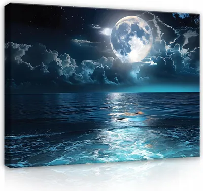 Obrázek produktu pro Obraz na plátně moře noc měsíc modrá příroda 100x70 cm velký moderní obraz na plátně obraz na plátně nástěnná malba obývací pokoj ložnice