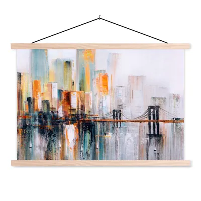 Produktbild von MuchoWow® Textilposter Ölgemälde - Skyline - Abstrakt 120x80 cm mit holzfarbenen Rahmen - Aufhängeset