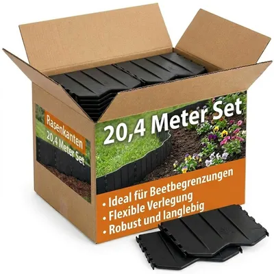 Produktbild von BURI Rasenkante Kunststoff 20,4 m Set – Flexible Beetumrandung & Mähkante – 68 Elemente Stecksystem, wetterfest, frostsicher, UV-beständig – Unsichtbare Beeteinfassung aus recyceltem Material