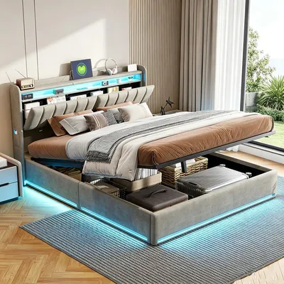 Immagine prodotto di Letto con rete a molle INONEFT, 140x200 cm, con LED e USB, struttura imbottita con spazio contenitore, sistema di sollevamento idraulico, rivestito in velluto, colore grigio.