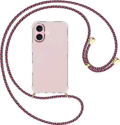 Produktbild von Handykette Backcover-Schutzhülle mit Band (Metall goldfarben) für iPhone 16 - silber/blau/rot