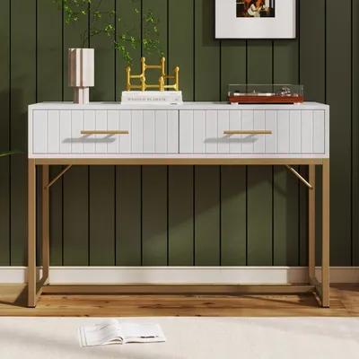 Produktbild von Weißer Schminktisch mit 2 Schubladen für Schlafzimmer, vielseitige Kommode und Highboard Sideboard mit viel Stauraum - H75/B100/T45 cm