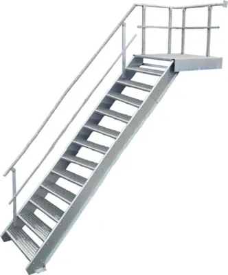 A metal staircase with a railing against a white background.