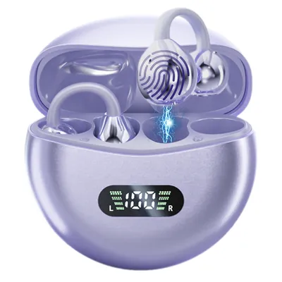 A pair of purple wireless earbuds in their charging case, with a digital display showing battery life.