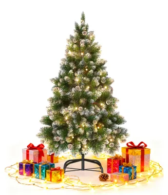 Productafbeelding van XMTECH Kunstkerstboom, 120 cm hoog, gemaakt van PVC, met warmwitte LED-verlichting, sneeuweffect en kegeltjes