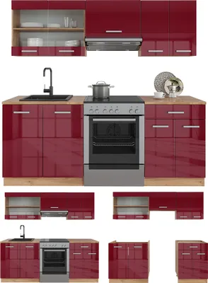 Produktbild von Küchenzeile Vicco R-Line Rot Hochglanz/Goldkraft Eiche 200 cm ohne Arbeitsplatte, Model 37165