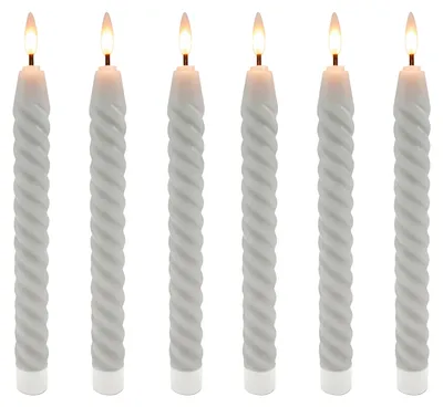 Produktbild von Relaxdays LED Stabkerzen, 6er Set, HxD: 25 x 2 cm, flackernde Flamme, Echtwachs, gedreht, flammenlose Kerzen, hellgrau