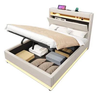 Produktbild von Polsterbett mit LED-Streifen, Stauraum, Schrank, USB und Type-C, 140x200 cm, gepolsterter Kopfteil mit Schrank, Einzelbett, Stauraumbett, Leinen