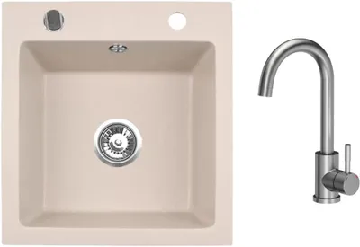Immagine prodotto di VBChome Lavello in granito 50 x 48 cm Beige con rubinetteria Lavello da incasso a vasca singola Spruzzato Lavello facile da pulire con sifone Ideale per cucine piccole
