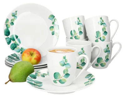 Produktbild von Eukalyptus 12tlg Frühstücksset Porzellan 6 Personen kleine Teller Becher Blatt