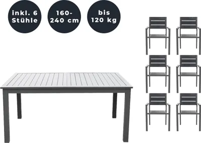 Produktbild von HOME DELUXE - Gartentisch ausziehbar - CASA - ca. 160 (240) x 100 x 74 cm - inkl. 6 Stühlen, Gestell und Tischplatte Aluminium - inkl. Zubehör I Gartenmöbel Ausziehtisch Balkonset