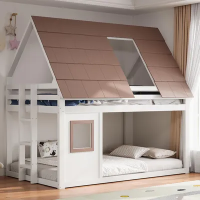 Immagine prodotto di Letto a castello Merax 140x200 cm, letto a soppalco con design a casetta, tetto e finestra, lettino per bambini con scaletta e ringhiera, letto in legno massello, bianco+marrone