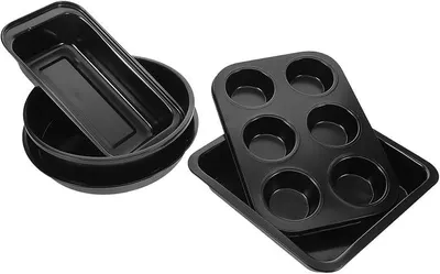 Imagen del producto de Juego de 5 moldes antiadherentes para hornear, fabricados en acero al carbono, que incluye un molde rectangular, un molde para muffins y una bandeja para hornear. Fáciles de limpiar, ideales para uso doméstico y para hornear