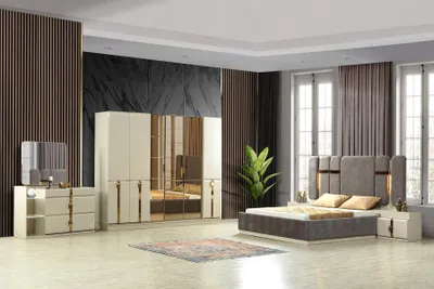 Zdjęcie produktu dla Elegancki zestaw mebli do sypialni w kolorze szaro-beżowym z lustrzanymi akcentami