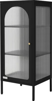 A black metal display cabinet with glass doors and shelves.