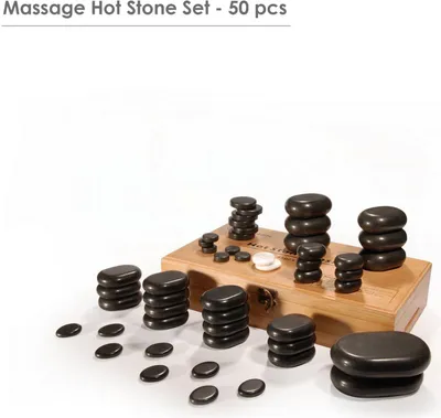Produktbild von Master Massage 50 St Hot Stone Luxus Set Massagesteine Schwarz Lava Volcano Basalt mit Eleganter Bambuskiste