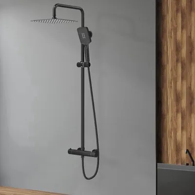 Obrázek produktu pro Sprchový systém s termostatem – Černá hranatá sprchová hlavice 25x25 cm – Kompletní sada z nerezové oceli