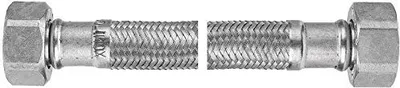 A stainless steel braided hose with threaded connectors on both ends, shown against a white background.